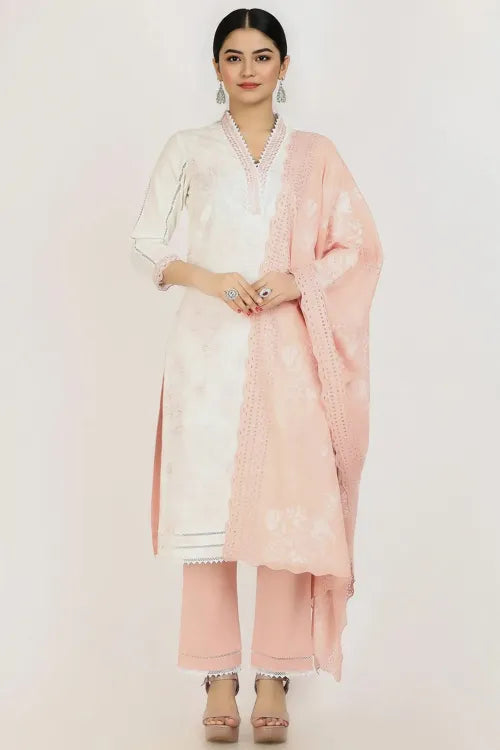 White Cotton Embroidered Suit